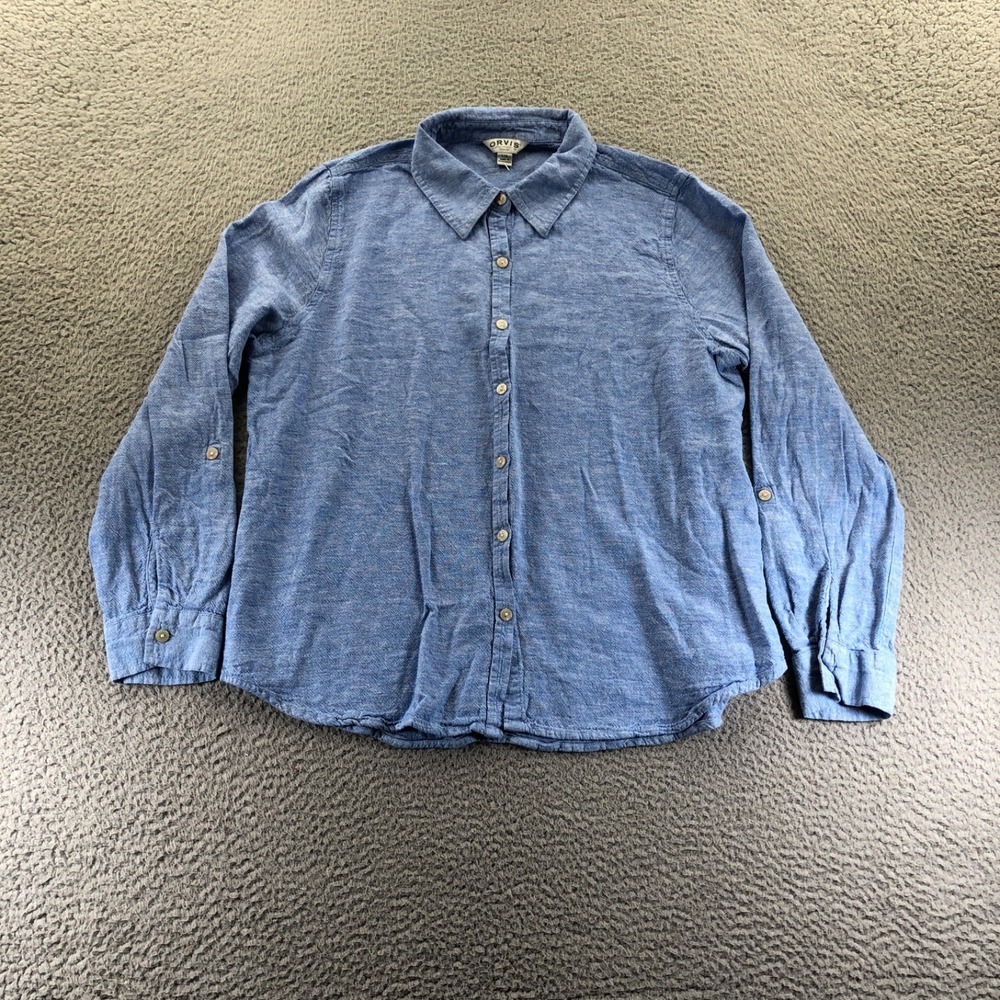 Orvis Shirt Womens Large Blue Linen Rayon Roll Tab Long Sleeve Button up Collar